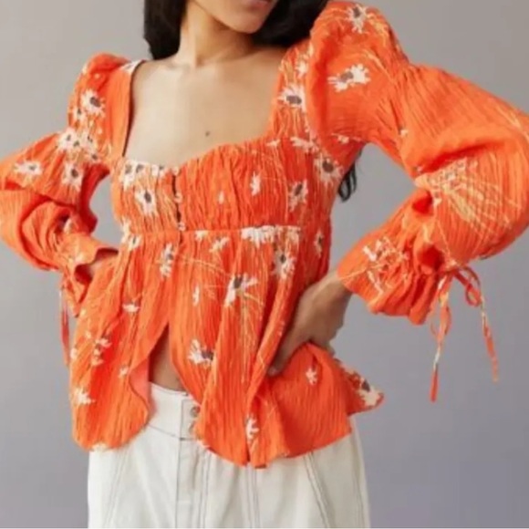 Urban Outfitters Allie tie sleeve orange floral button front bohemian blouse - Picture 1 of 11